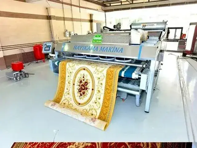 Endüstriyel halı yıkama makinesi ve tesis görünümü.